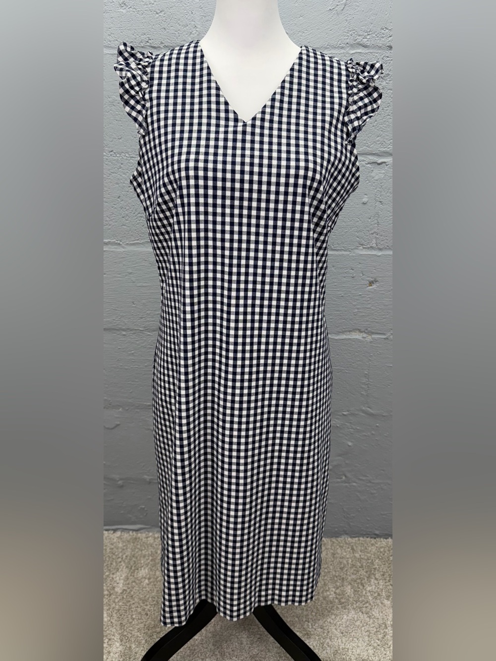 J Mclaughlin Joselyn Gingham Navy Blue Shift Ruffle Sleeve Dress Size 12